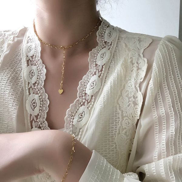 

amaiyllis 18k gold love heart chain clavicle necklace lock long chain choker necklace wild bracelet for lovers collares jewelry, Silver