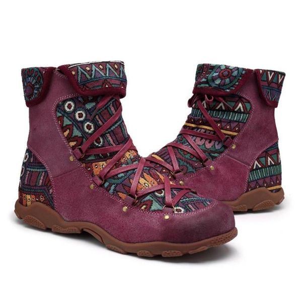 

winter women boots retro leisure embroidery stitching lace up ankle boots cross-tied comfortable women shoes flat shoes, Black