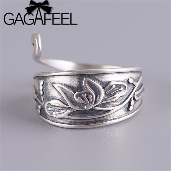

gagafeel thai silver vintage lotus rings women's creative peacock opening ring matte adjustable s925 sterling silver jewelry, Golden;silver