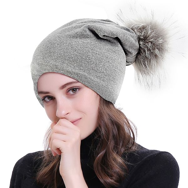 

beanie/skull caps winter hat cotton beanie with 15cm faux fur pompom hats girls women bonnet, Blue;gray