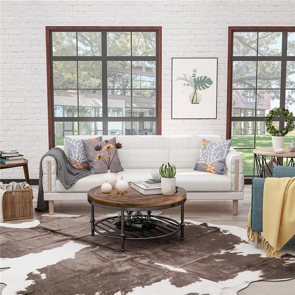 

us stock antique rustic natural round coffee table with storage shelf for living room easy assembly wf192554aad