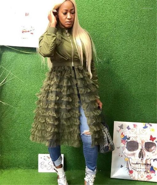 

color coats spring autumn womens clothing women designer long jackets zipper gauze panelled jacket solid, Black;brown