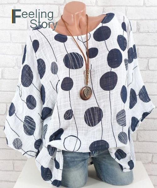 

women's tunics plus size o-neck polka dot blouse bat three quarter sleeve casual loose shirt ladies and blouses 2020, White