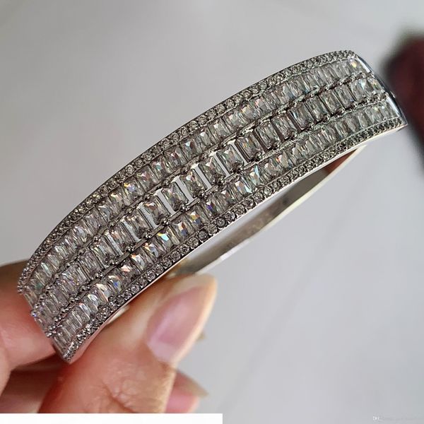 

three rows princess cut white clear z shinning jewelry 925 sterling silver circle bangle cz diamond gemstones lucky women bracelet gift, Black