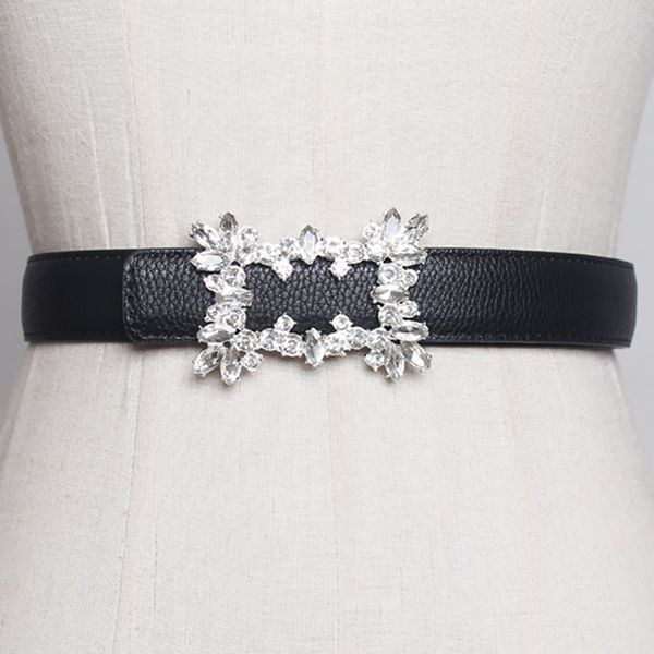 

seebeautiful new fashion 2020 summer autumn pu leather girdle crystal rhinestone irregular buckle girdle long belts women u171 y200807, Black;brown