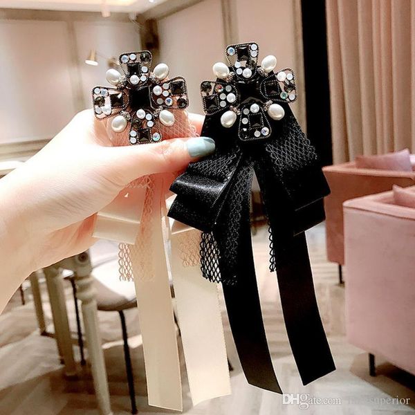 

vintage ribbon lace shirt bowtie brooch women big bowknot brooch with cross decoration for gift party, Gray