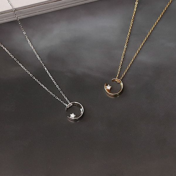 

delicate cubic zircon moon charm pendant necklace for women daily jewelry gifts three colors necklace s-n654, Silver
