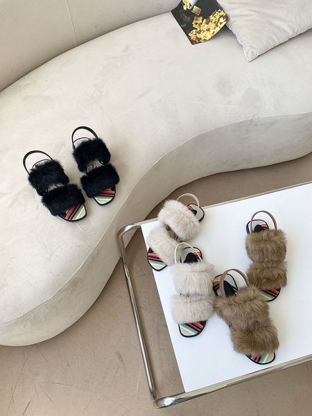 

new real rabbit hair summer sandals soft sole comfortable open fingered refreshing women shoes flat sole black buckle slipper