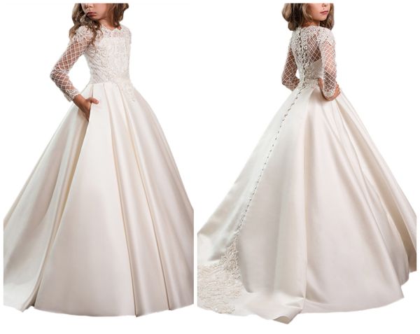 

Princess White Satin Flower Girl Dresses 2019 New Sheer Long Sleeves First Communion Birthday Party Dresses Girls Pageant Dress For Weddings