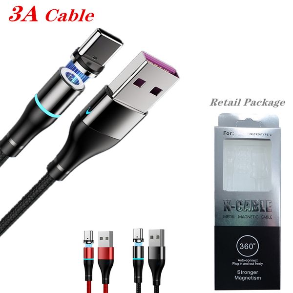 Tipo magnético Tipo C / Micro USB Cabos 3A Cabo de fio de fio rápido do carregador rápido para Samsung S20 Note10 com pacote de varejo