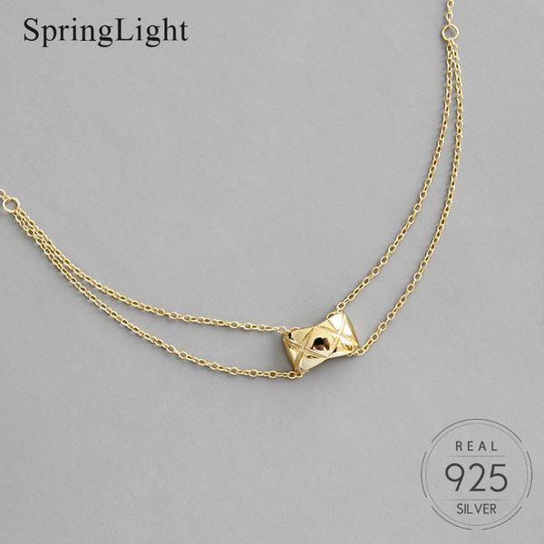 

chains springlight 100% 925 sterling silver rhombic plaid double layer necklace gold all-match creative trendy pendant for women