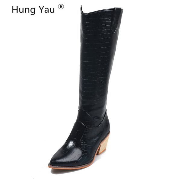 

boots winter women over the knee leather woman pointed toe high heel pumps shoes female footwear platform size 35-43, Black