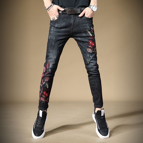 

men's jeans male black embroidered 98% cotton slim pants classical chinese style embroidery denim trousers, Blue