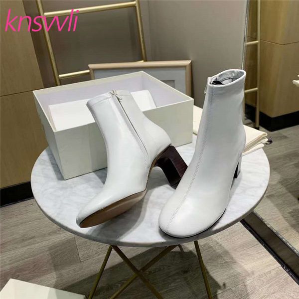 

wood grain chunky heels ankle boots for women round toe short boots genuine leather high heel runway shoes woman botas mujer, Black