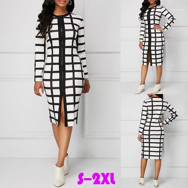 

slim zipper womens dresses long sleeve fashion womens apparel womens plaid designer dresses v neck, Black;gray