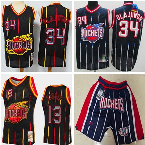 

retro mens houston rocket throwback jersey mitchell & ness hakeem 34 olajuwon james 13 harden swingman basketball jerseys shorts, Black;red