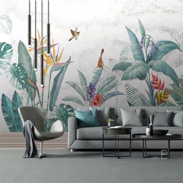 

wallpapers hand painted fresh tropical plants flowers and birds background mural wallpaper 3d wall papers home decor papel de parede