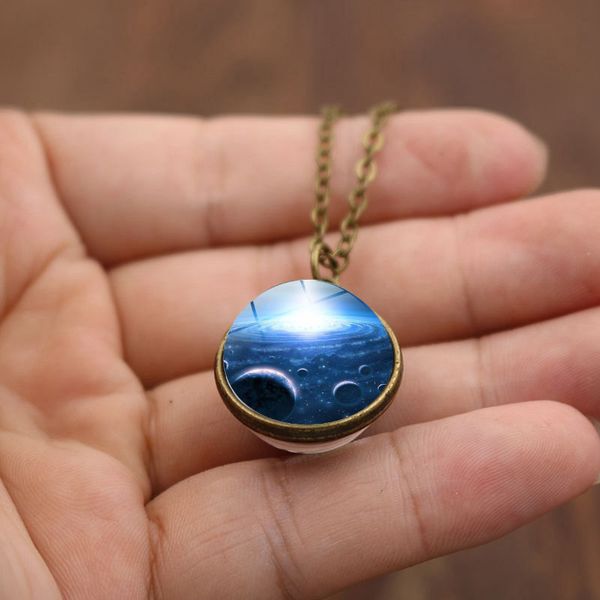 

wg 1pc milky way nebula double-sided glass ball time gem&stone necklace pendant vintage sweater chain for women, Silver