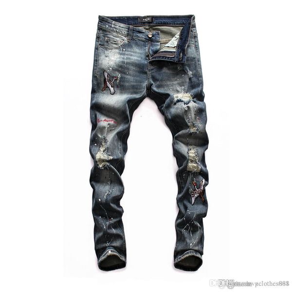 

2020 mens distressed ripped biker jeans slim fit motorcycle denim for motorcycle men fashion designer mens skinny jeans, Blue