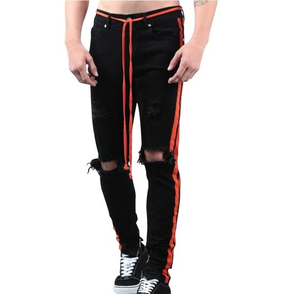 

men slim fit knee hole hip hop skinny jeans fashion side white stripe distressed ripped stretch streetwear denim trousers, Blue