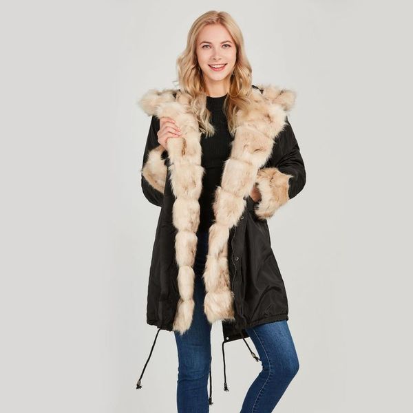 

women's down & parkas long women winter faux fur thick warm luxury fashion black coat lace up hooded fake collar casual overcoat female