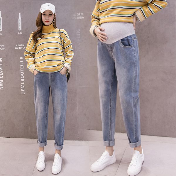 

maternity bottoms 1809# autumn thicken denim straight jeans adjustable belly pants clothes for pregnant women pregnancy casual trousers, White