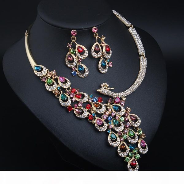 

european exaggerated crystal peacock necklace earrings jewelery set bridal banquet dress female fashion necklace accessories, Silver
