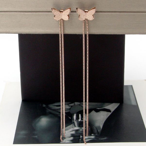 

fashion new beautiful rose golden frosted butterfly hanging box chain tassel earrings wild titanium steel women earrings, Silver