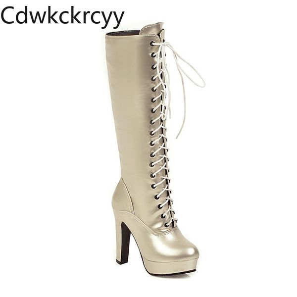 

winter the new fashion round head 12cm thick heel tall tube knight boots bandage plus cashmere keep warm high heel women boots, Black