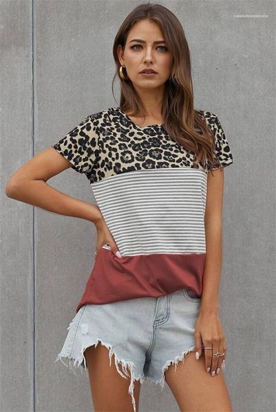 

contrast color female tees leopard striped womens tshirts summer short sleeve loose designer ladies casual, White