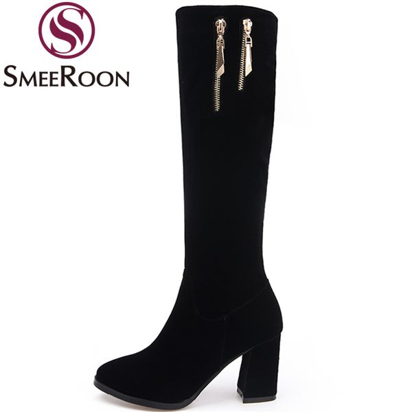 

smeeroon big size 34-43 fashion knee high boots round toe square high heels ladies boots zip autumn winter women 2020, Black