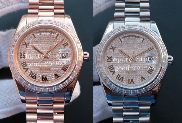

men's watches roman numeral crystal diamond dial bezel men automatic 2836 eta watch sy factory day date 228396 president wristwatches, Slivery;brown