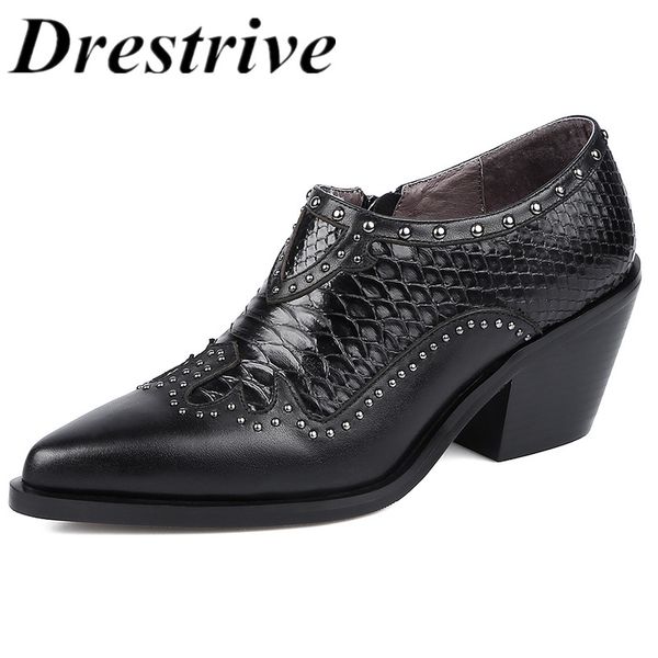 

dress shoes drestrive women's pumps thick heels black pointed toe cow leather patchwork rivet fish scale pattern 2021 autumn office zip