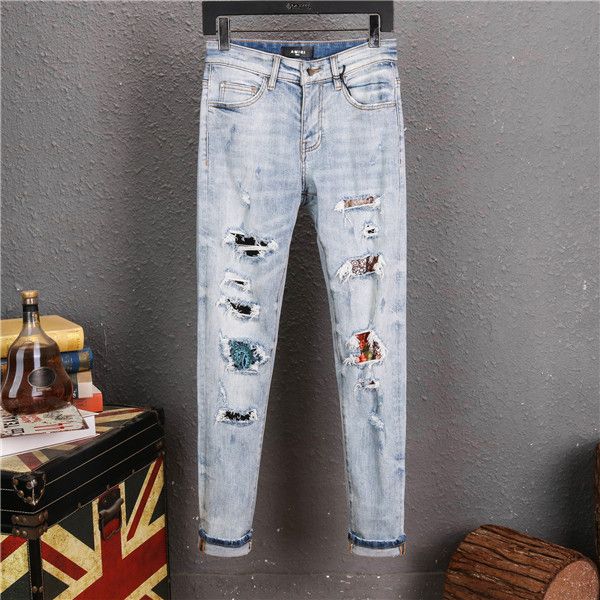 

2020 new style brand men's denim jean embroidery tiger pants holes jeans zipper men pants mens designer sweatpants mens skinny jeans, Blue