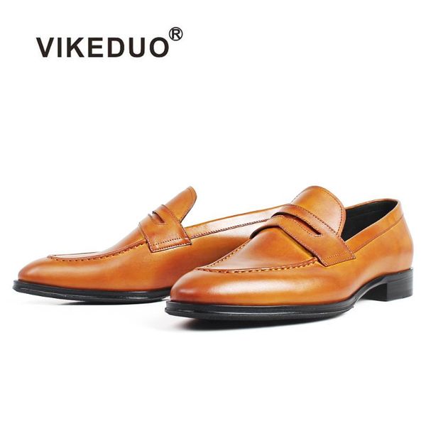 

vikeduo genuine cow skin flat handmade brown shoes for men slip-on patina wedding office footwear blake leather loafers shoe men, Black