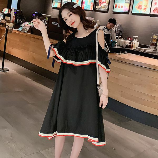

pregnant women dress summer fashion off shoulder block color ruffle patchwork stripe maternity cotton dress preppy style clothes, White