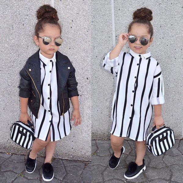 

clothing sets casual long sleeve buttons shirt dresses striped girls kids dress clothes 1-6y, White