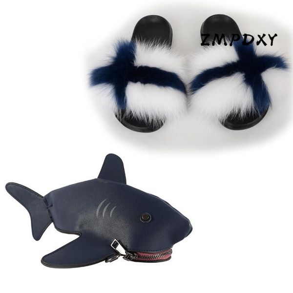 

ladies cartoon animals phone purse womens real fur slippers crossbody shoulder bag shoes sets furry slides girls fur sandals, Black