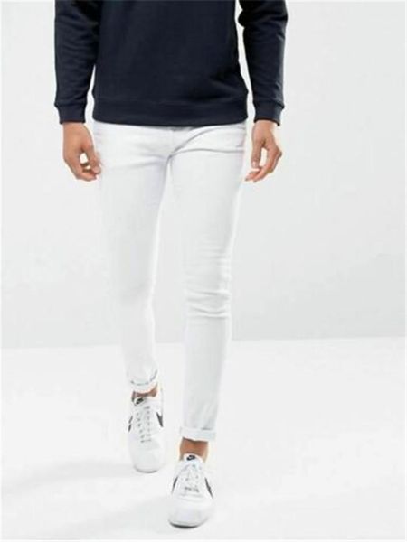 

men pure white elastic thin pencil tight pants slim fit jeans long skinny trousers men designer jeans, Blue