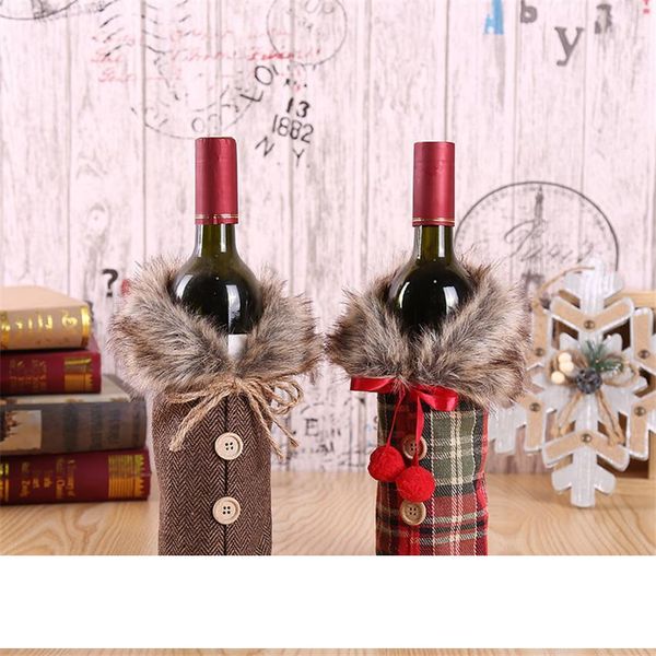 

2019 christmas plush wine bottle bags button plaid wine bottle cover christmas gift bag home decoration a05