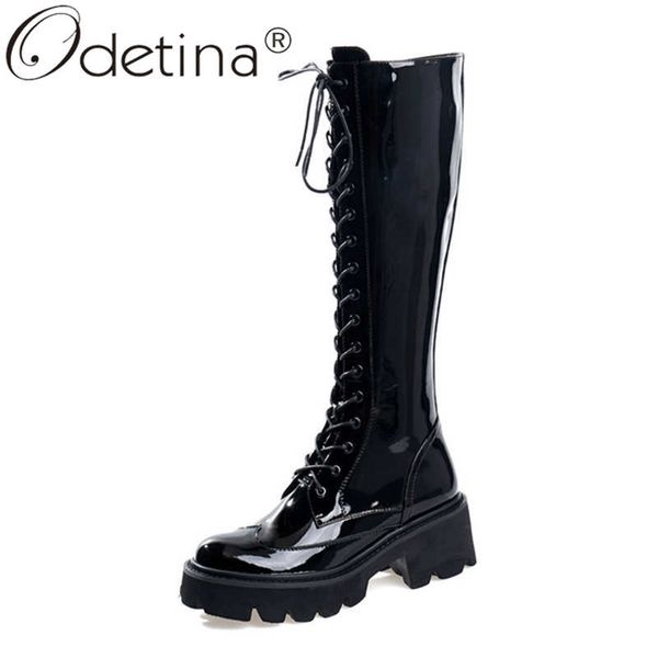 

odetina women round toe block high heel cross-tied knee high boots female cow leather platform patent leather motorcycle boots, Black