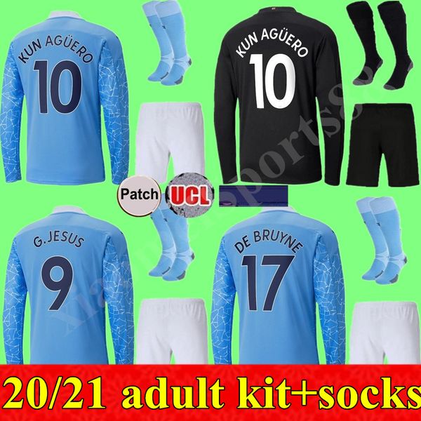 

взрослый длинный рукав kit 20 21 манчестер дом вдали иисус де брин кун агуэро город футбол джерси 2020 2021 футбол джерси man mahrez рубашки, Black