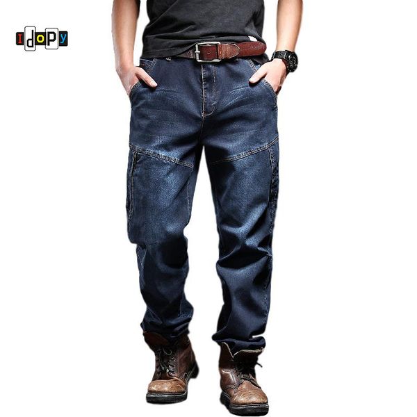

men's jeans idopy men`s casual motorcycle workwear zipper pockets army tactical denim biker cargo pants for men plus size, Blue