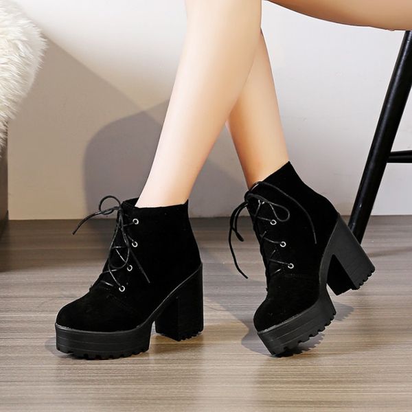 

pxelena punk gothic square chunky block high heels ankle boots women cow suede lace up riding boots comfort shoes 34-43, Black