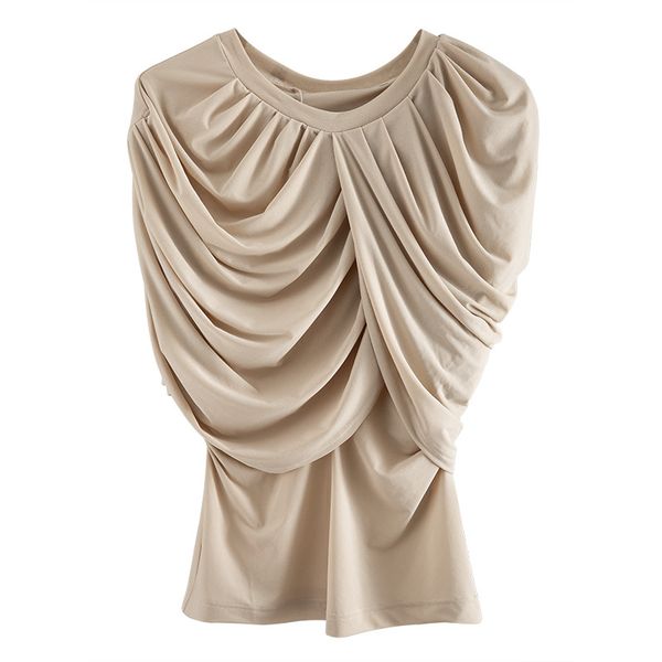 

deat 2020 new summer fashion women clothing round neck batwing sleeves pleated cross high waist slim t-shirt female wm21012, White