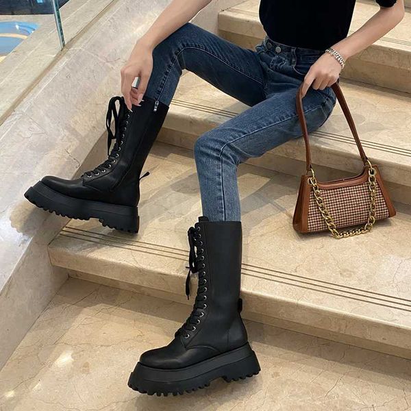 

female nice chunky platform knee high boots women thick sole lace up winter boots woman punk style motorcycle, Black