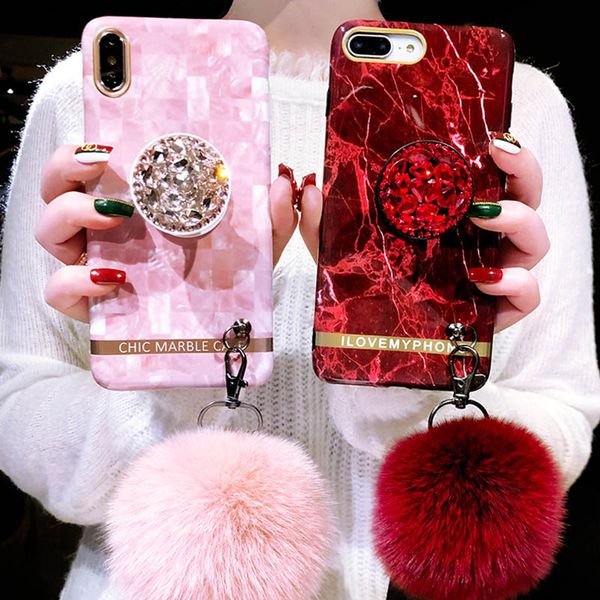 

luxury diy fur ball bracket strap phone case for iphone 11promax xs max xr x 6 6s plus 7 plus 8 plus imd marble golden rim cover