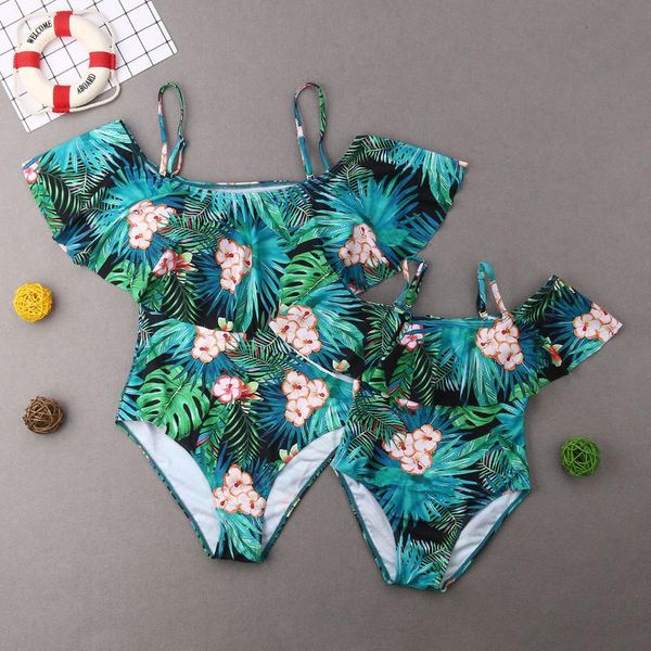 

family summer off-shoulder swimsuit for mom daughter floral printted beach swimming suit outfits, Blue