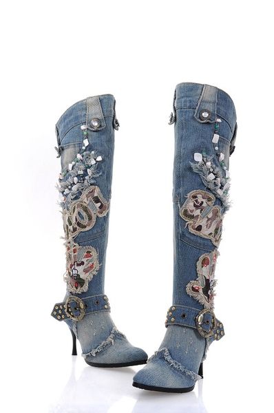 

высокое качество женщины wash denim бисером высокой пятки колена сапоги тонкий каблук мотоцикл джинсы boots real photo free ship, Black