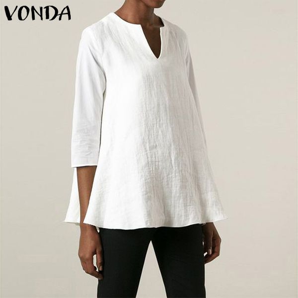 

casual women cotton linen blouses vonda 3/4 sleeve v neck solid shirts tunic plus size loose blusas femininas, White